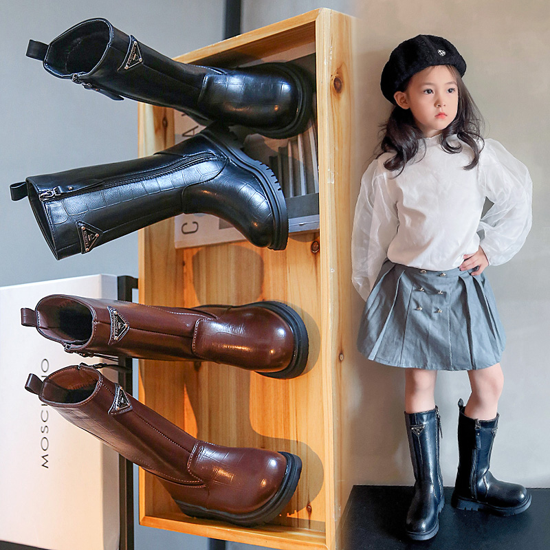 女童长筒靴2022冬新款加绒黑色儿童高筒靴学生小女孩软底防滑皮靴